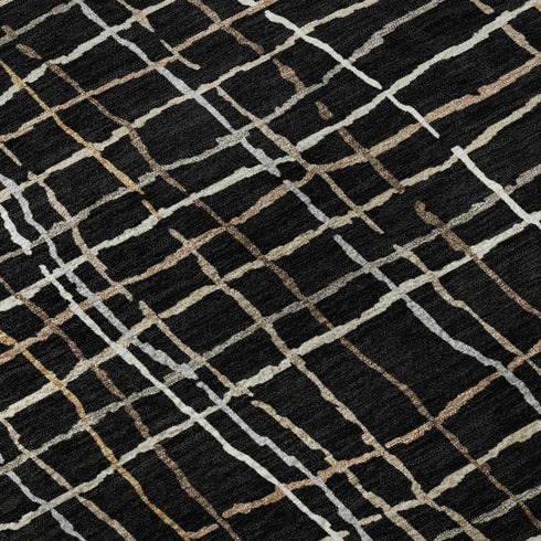 8' Black Ivory And Beige Striped Washable Round Rug With UV Protection
