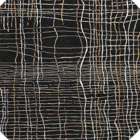 8' Black Ivory And Beige Striped Washable Round Rug With UV Protection
