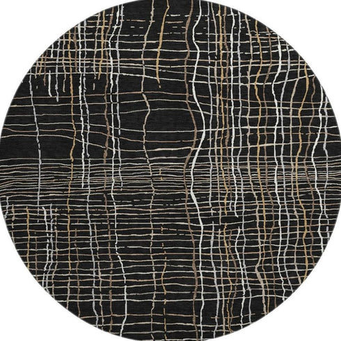 8' Black Ivory And Beige Striped Washable Round Rug With UV Protection