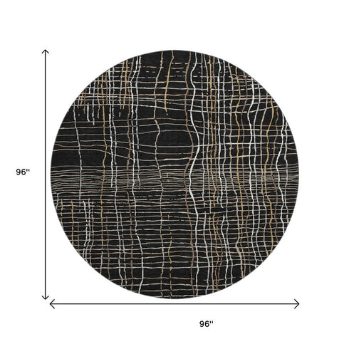 8' Black Ivory And Beige Striped Washable Round Rug With UV Protection