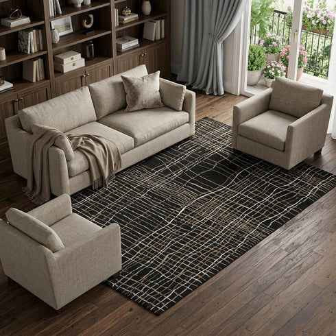 8' X 10' Black Ivory And Beige Striped Washable Area Rug With UV Protection