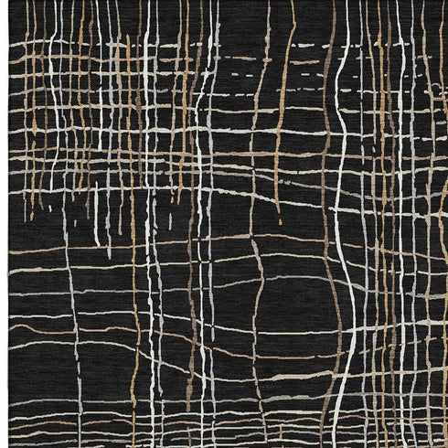 8' X 10' Black Ivory And Beige Striped Washable Area Rug With UV Protection