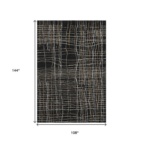 9' X 12' Black Ivory And Beige Striped Washable Area Rug With UV Protection