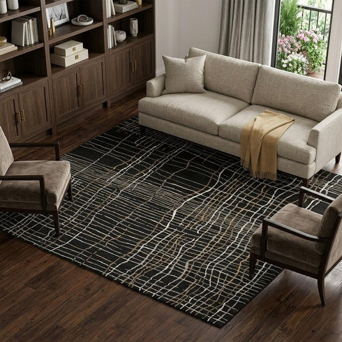 9' X 12' Black Ivory And Beige Striped Washable Area Rug With UV Protection