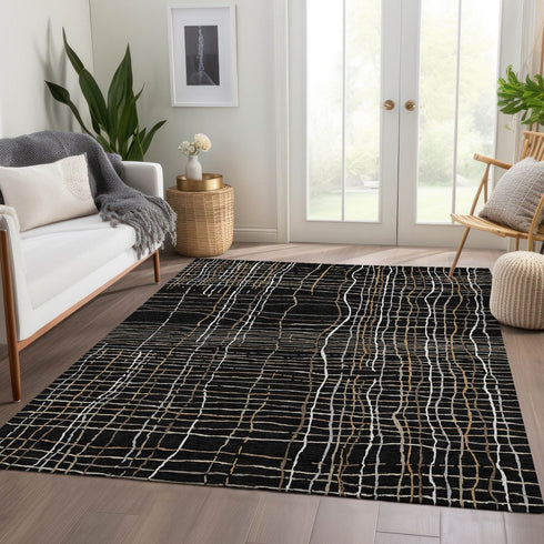 9' X 12' Black Ivory And Beige Striped Washable Area Rug With UV Protection