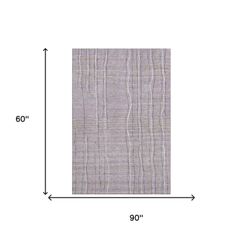 5' X 8' Lavender Ivory And Gray Striped Washable Area Rug With UV Protection