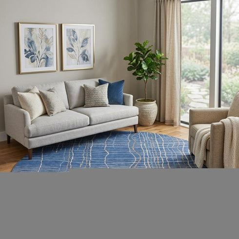 8' Navy Blue And Ivory Striped Washable Round Rug With UV Protection