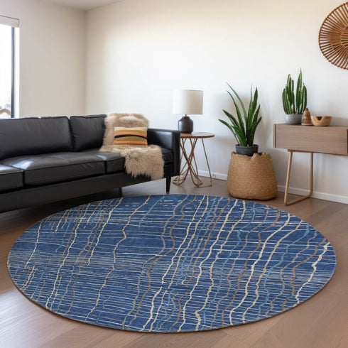 8' Navy Blue And Ivory Striped Washable Round Rug With UV Protection