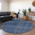 8' Navy Blue And Ivory Striped Washable Round Rug With UV Protection