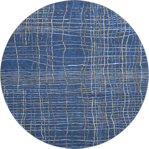 8' Navy Blue And Ivory Striped Washable Round Rug With UV Protection