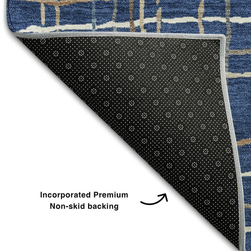 8' Navy Blue And Ivory Striped Washable Round Rug With UV Protection