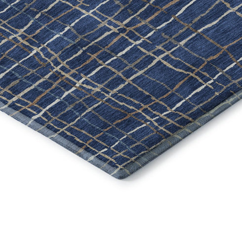 8' Navy Blue And Ivory Striped Washable Round Rug With UV Protection