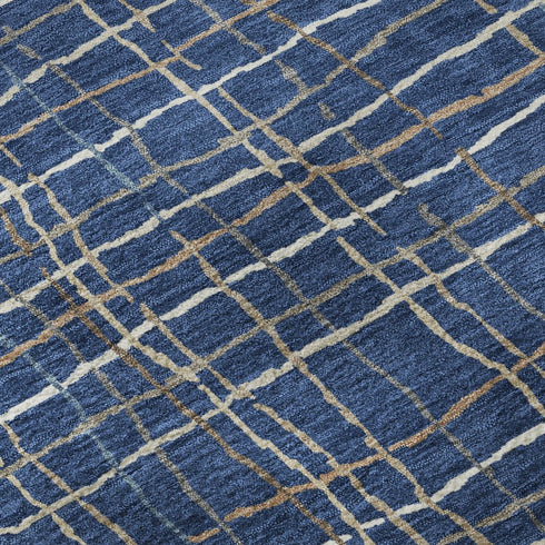 8' Navy Blue And Ivory Striped Washable Round Rug With UV Protection