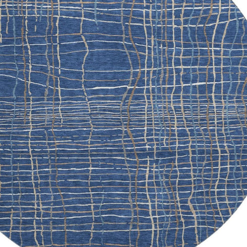 8' Navy Blue And Ivory Striped Washable Round Rug With UV Protection