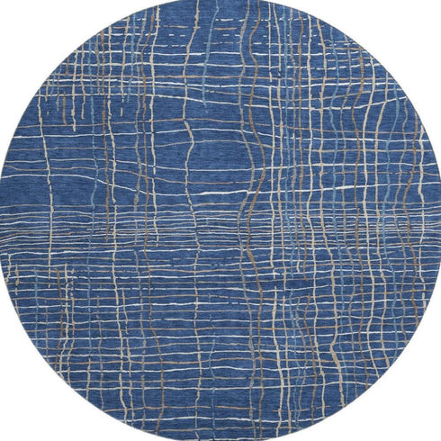 8' Navy Blue And Ivory Striped Washable Round Rug With UV Protection