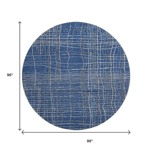 8' Navy Blue And Ivory Striped Washable Round Rug With UV Protection