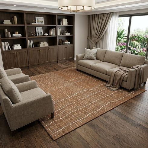 8' X 10' Rust Ivory And Gray Striped Washable Area Rug With UV Protection