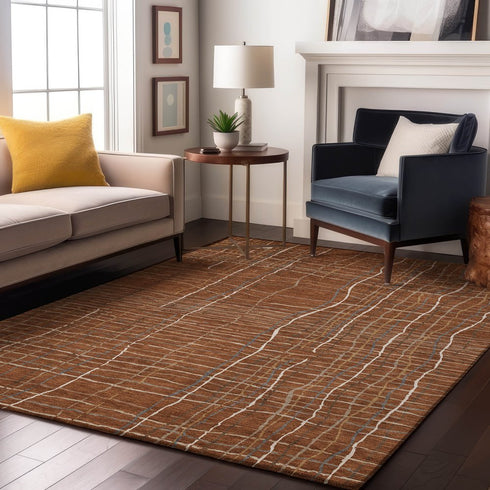 8' X 10' Rust Ivory And Gray Striped Washable Area Rug With UV Protection