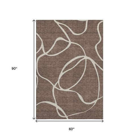 5' X 8' Brown And Beige Abstract Washable Area Rug With UV Protection