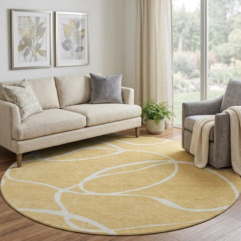 8' Gold And Ivory Abstract Washable Round Rug With UV Protection