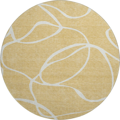 8' Gold And Ivory Abstract Washable Round Rug With UV Protection
