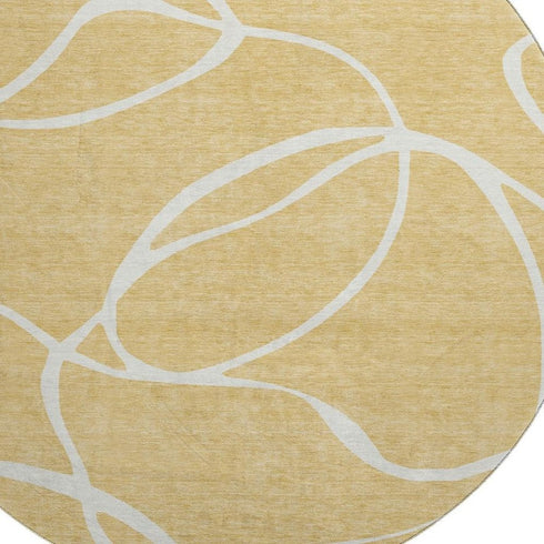 8' Gold And Ivory Abstract Washable Round Rug With UV Protection