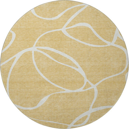 8' Gold And Ivory Abstract Washable Round Rug With UV Protection