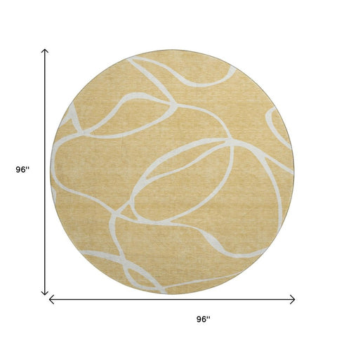 8' Gold And Ivory Abstract Washable Round Rug With UV Protection