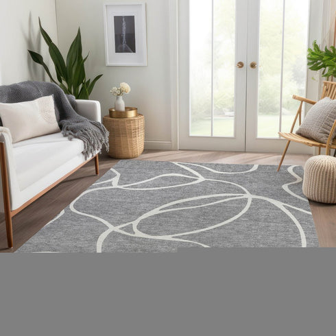 8' X 10' Gray And Ivory Abstract Washable Area Rug With UV Protection