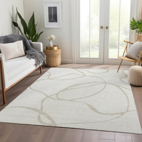 8' X 10' Ivory And Beige Abstract Washable Area Rug With UV Protection
