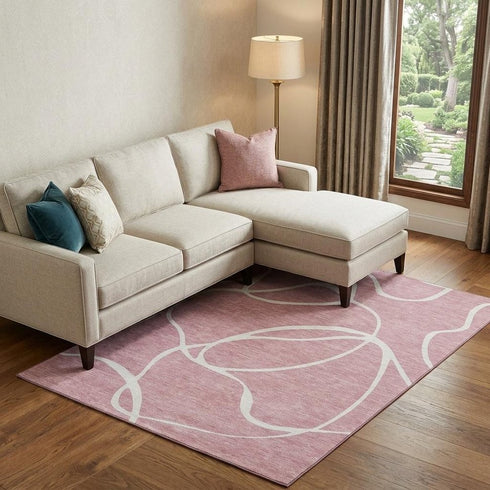 8' X 10' Pink And Ivory Abstract Washable Area Rug With UV Protection