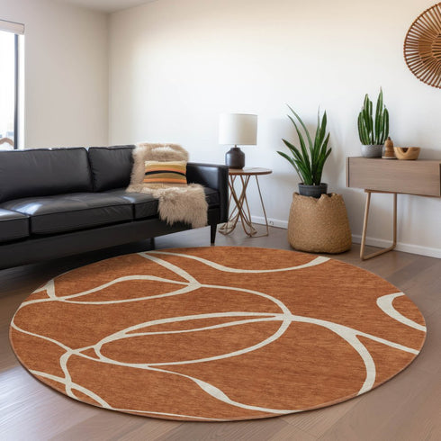 8' Rust And Beige Abstract Washable Round Rug With UV Protection