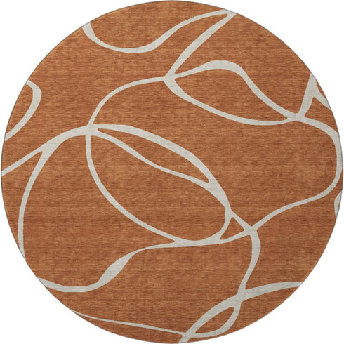 8' Rust And Beige Abstract Washable Round Rug With UV Protection