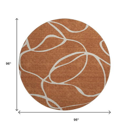 8' Rust And Beige Abstract Washable Round Rug With UV Protection