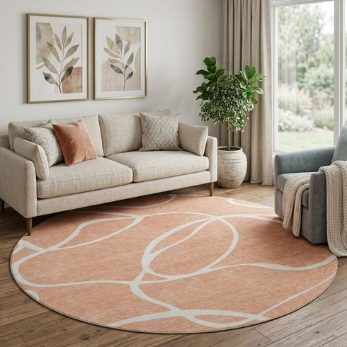 8' Salmon And Ivory Abstract Washable Round Rug With UV Protection