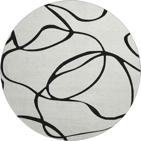 8' White And Black Abstract Washable Round Rug With UV Protection