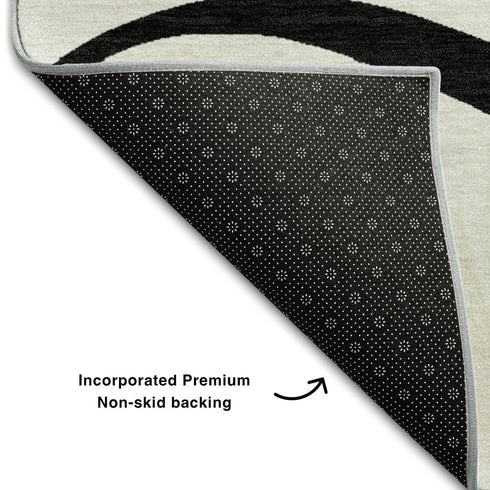 8' White And Black Abstract Washable Round Rug With UV Protection