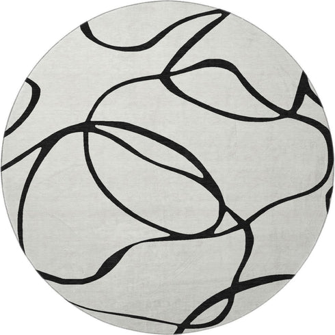 8' White And Black Abstract Washable Round Rug With UV Protection