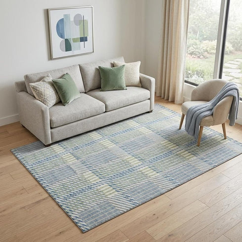 5' X 8' Denim Blue Ivory And Gray Plaid Washable Area Rug With UV Protection