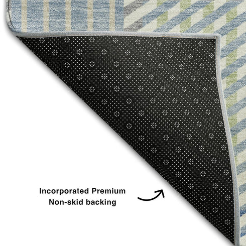 5' X 8' Denim Blue Ivory And Gray Plaid Washable Area Rug With UV Protection