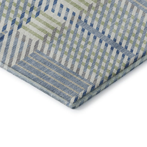 5' X 8' Denim Blue Ivory And Gray Plaid Washable Area Rug With UV Protection