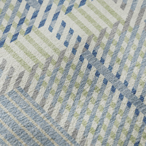 5' X 8' Denim Blue Ivory And Gray Plaid Washable Area Rug With UV Protection