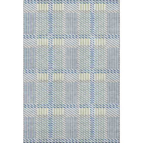 5' X 8' Denim Blue Ivory And Gray Plaid Washable Area Rug With UV Protection
