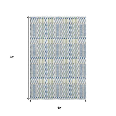5' X 8' Denim Blue Ivory And Gray Plaid Washable Area Rug With UV Protection