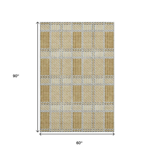 5' X 8' Gold Beige And Brown Plaid Washable Area Rug With UV Protection