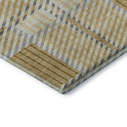 5' X 8' Gold Beige And Brown Plaid Washable Area Rug With UV Protection