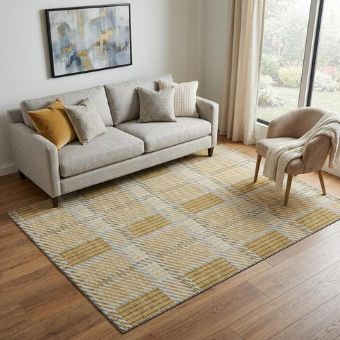 5' X 8' Gold Beige And Brown Plaid Washable Area Rug With UV Protection