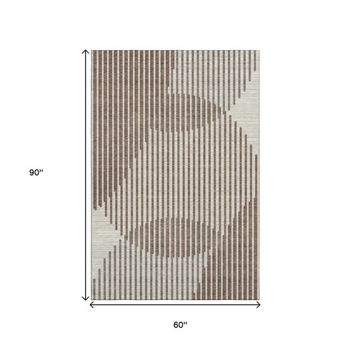 5' X 8' Brown And Ivory Geometric Washable Area Rug With UV Protection
