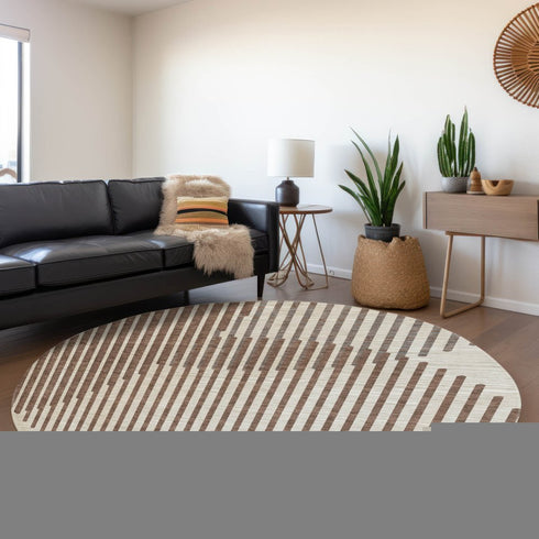 8' Brown And Ivory Geometric Washable Round Rug With UV Protection