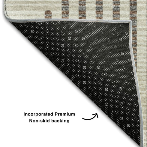 8' Brown And Ivory Geometric Washable Round Rug With UV Protection